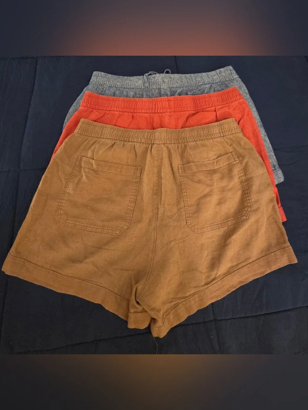 Set Of 3. Old Navy Medium Linen Blend Shorts-Chambray Blue, Brown & Rusty Red
